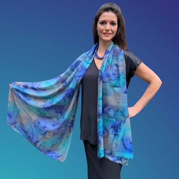 Blue Hand Painted Ombre Watercolor Fine Wool Scarves - Picture 1 of 7